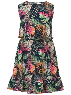 Robe courte sans manches marine à imprimé tropical avec une coupe ajustée fluide