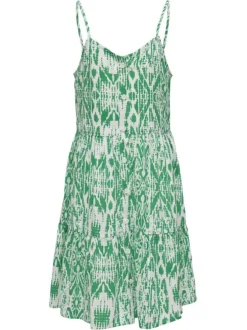 Robe courte verte imprimée coupe droite col v et à manches à bretelles