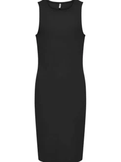 Robe longue en coton noire unie avec une coupe ajustée et un col rond