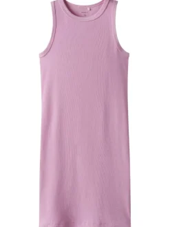 Robe mi-longue en coton biologique rose en maille côtelée à coupe slim
