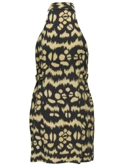Robe chemise courte noire imprimée avec un col à revers et sans manches