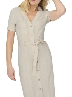 Robe chemise longue en lin mélangé écrue unie à col à revers et à coupe ajustée