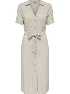 Robe chemise longue en lin mélangé écrue unie à col à revers et à coupe ajustée