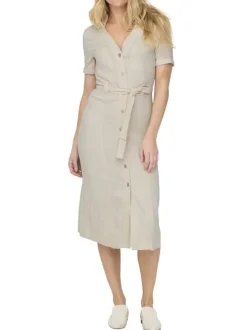 Robe chemise longue en lin mélangé écrue unie à col à revers et à coupe ajustée