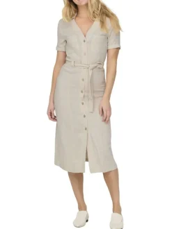 Robe chemise longue en lin mélangé écrue unie à col à revers et à coupe ajustée