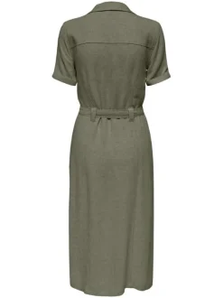 Robe chemise longue en lin mélangé kaki unie avec un col v à revers