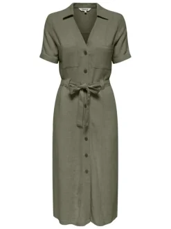 Robe chemise longue en lin mélangé kaki unie avec un col v à revers