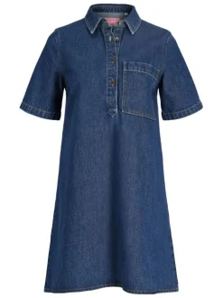 Robe courte Amara en coton bleue pourvue d'un col chemise boutonné