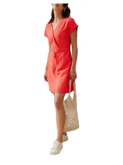 Robe courte Ariane rouge unie à coupe évasée col v et à manches courtes