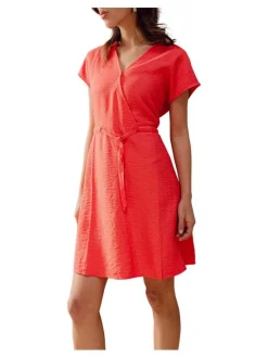 Robe courte Ariane rouge unie à coupe évasée col v et à manches courtes