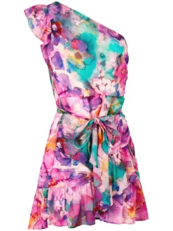 Robe courte asymétrique multicolore imprimé abstrait avec une coupe ajustée