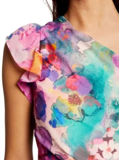 Robe courte asymétrique multicolore imprimé abstrait avec une coupe ajustée