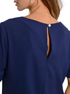 Robe courte avec des manches courtes marine unie une coupe droite et un col rond
