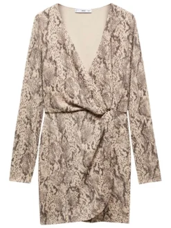 Robe courte beige avec un imprimé animal un col cache-coeur et à manches longues