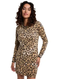 Robe courte beige à motif léopard avec une coupe moulante et un col rond