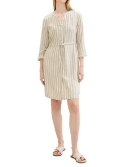 Robe courte beige rayée coupe droite col tunisien et à manches longues