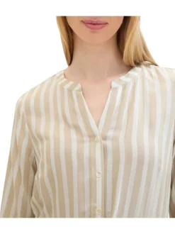 Robe courte beige rayée coupe droite col tunisien et à manches longues