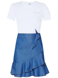 Robe courte bicolore blanche au dessus et bleue au niveau de la jupe