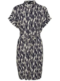 Robe courte blanche et marine imprimée avec une coupe droite et un col français