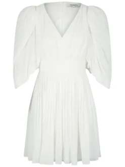 Robe courte blanche à manche 3/4 unie à coupe plissée et un col en v
