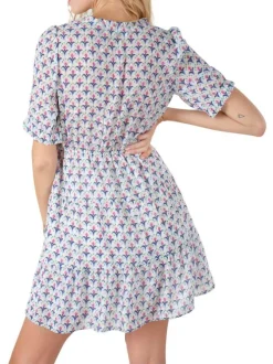 Robe courte blanche motif fleur géométrique à coupe évasée et col cache-coeur