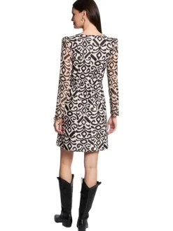 Robe courte blanche à motifs géométriques noirs et à col cache-coeur