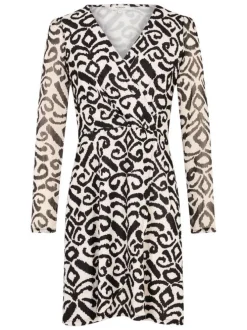 Robe courte blanche à motifs géométriques noirs et à col cache-coeur