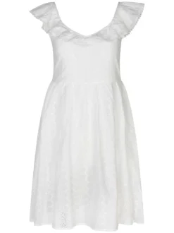 Robe courte blanche unie évasée en coton avec broderie anglaise et volant