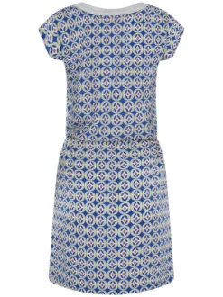 Robe courte bleue avec une coupe fluide et des imprimés géométriques