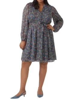 Robe courte bleue fleurie avec coupe fluide col rond fendu et manches longues