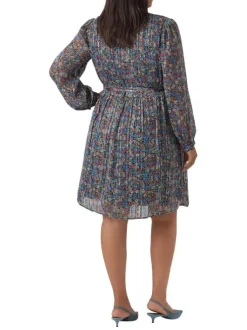Robe courte bleue fleurie avec coupe fluide col rond fendu et manches longues