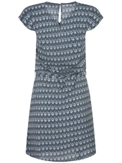 Robe courte bleue imprimée avec une coupe droite à col v et une ceinture