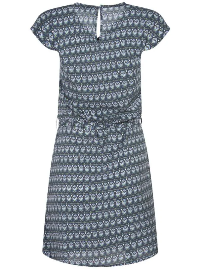 Robe courte bleue imprimée avec une coupe droite à col v et une ceinture