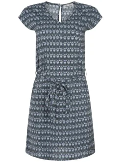 Robe courte bleue imprimée avec une coupe droite à col v et une ceinture