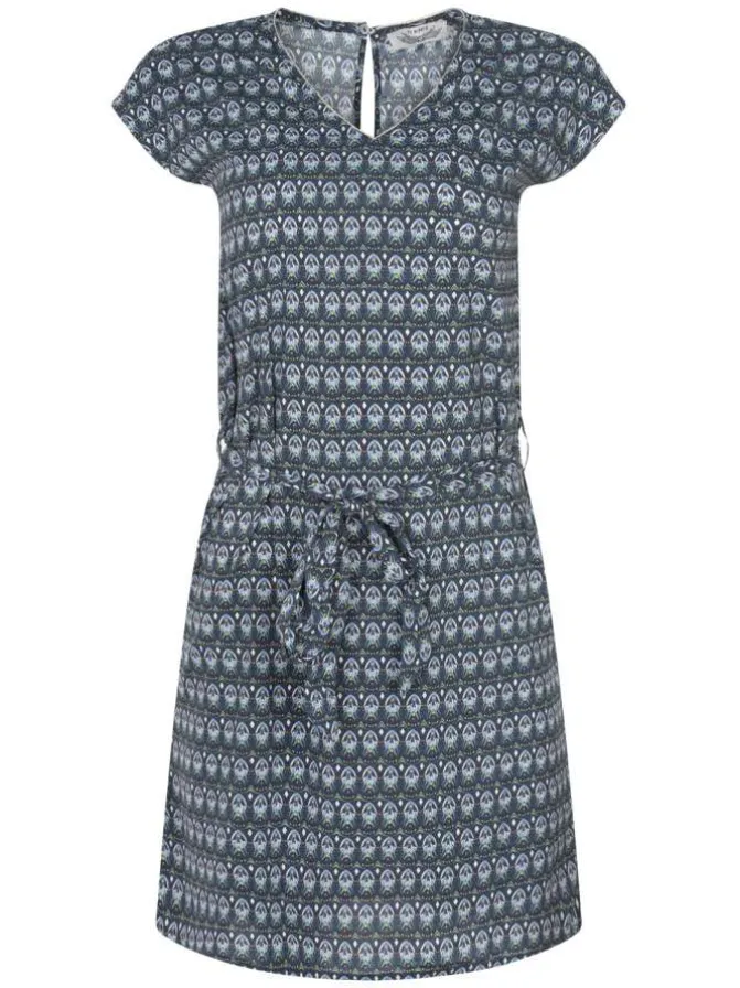 Robe courte bleue imprimée avec une coupe droite à col v et une ceinture