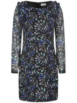 Robe courte bleue à imprimé géométrique coupe droite et col rond