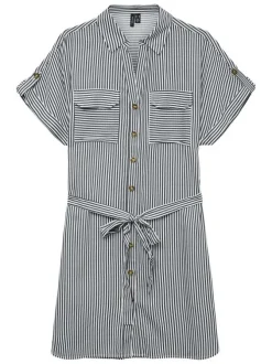 Robe courte bleue rayé à coupe cintrée, col v et à manches courtes à revers