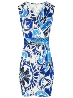 Robe courte bleue sans manche coupe cintrée pourvue d'un col v