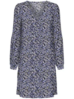 Robe courte bleu imprimé moucheté à coupe droite et col v