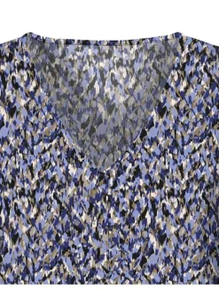 Robe courte bleu imprimé moucheté à coupe droite et col v