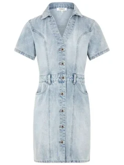 Robe courte bleu jean clair unie cintrée à col français et à manches courtes