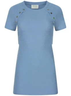 Robe courte bleu moyen coupe droite fluide à col rond et manches courtes
