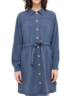 Robe courte Bodie indigo unie à coupe droite, col à revers et à manches longues