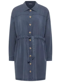 Robe courte Bodie indigo unie à coupe droite, col à revers et à manches longues