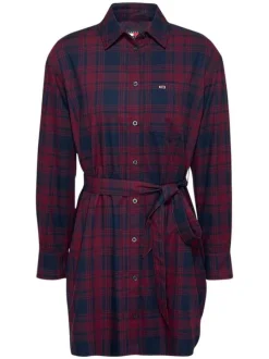 Robe courte bordeaux à carreaux droite à col français et à manches longues