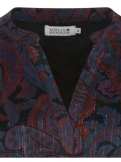 Robe courte bordeaux imprimé cachemire à coupe droite col v et à manches longues
