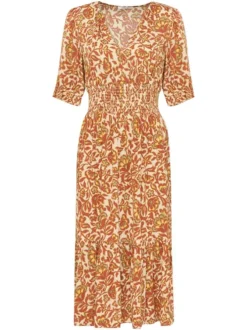 Robe courte brique fleurie à coupe droite avec un col v et des manches courtes