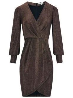 Robe courte bronze incrustée de fils lurex et pourvue d'un col v