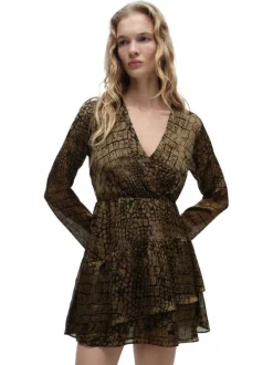 Robe courte brune à imprimé reptile ample et fluide à col v et manches longues