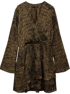 Robe courte brune à imprimé reptile ample et fluide à col v et manches longues